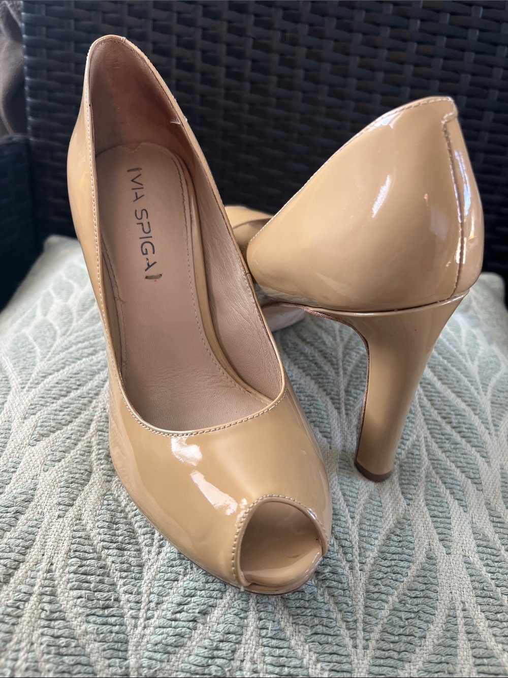 Via Spiga Beige Patent Peep-Toe Platform Pumps